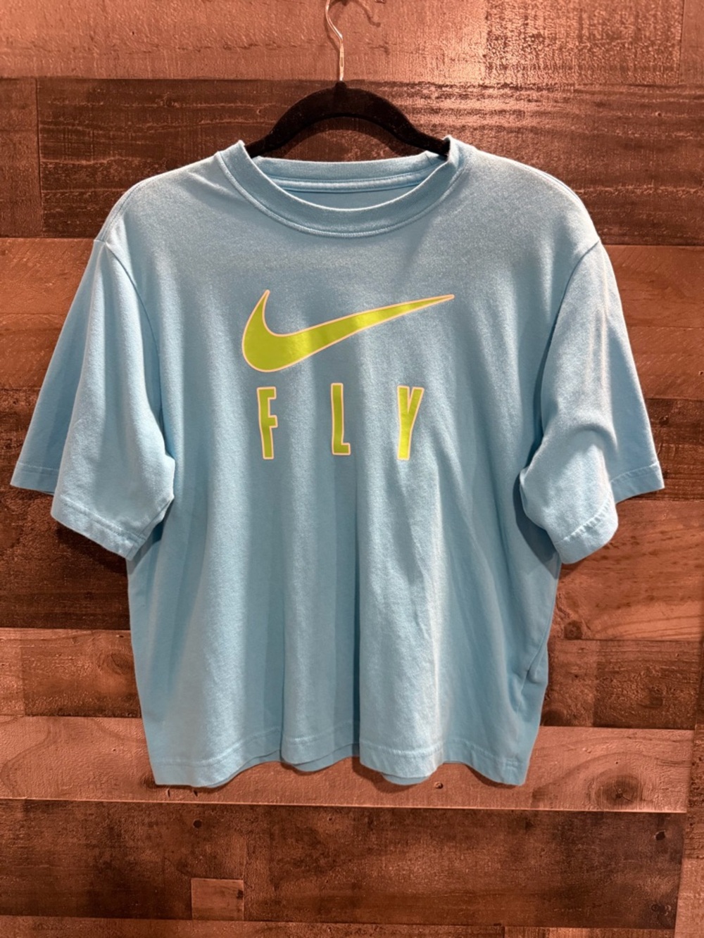 Nike Light Blue Tee with Neon Yellow Swoosh and 'FLY'